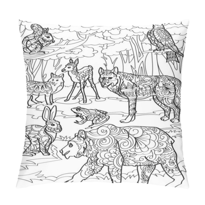 Personality  Different Forest Creatures Deer Fox Wolf Bear Rabbit With Tree Background Line Drawing. Multiple Wild Animals Eagle Frog In Jungle Backdrop Coloring Book Page. Pillow Covers