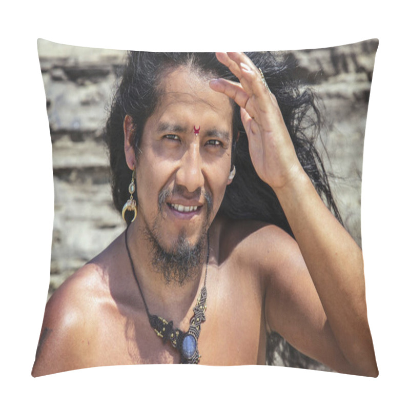 Personality  Outdoor Portrait Of Fashionable Long Hair Young Man With Bindi And Jewelry Pillow Covers