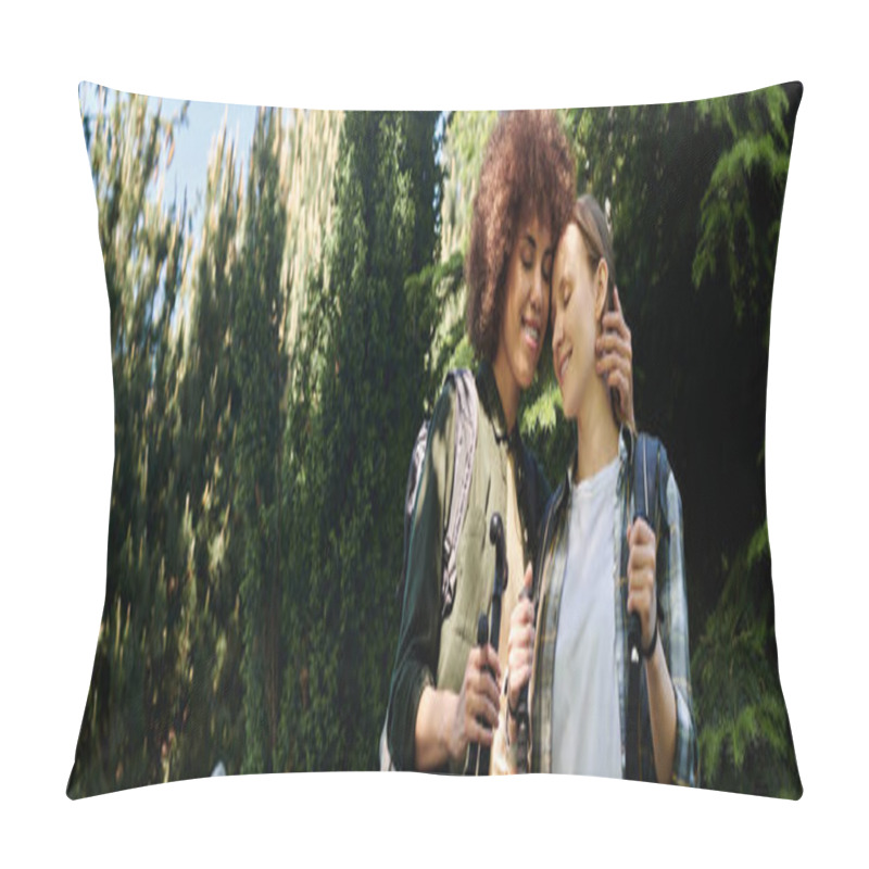 Personality  A Young Lesbian Couple Hikes Through A Forested Area, Their Love Palpable In A Tender Moment. Pillow Covers