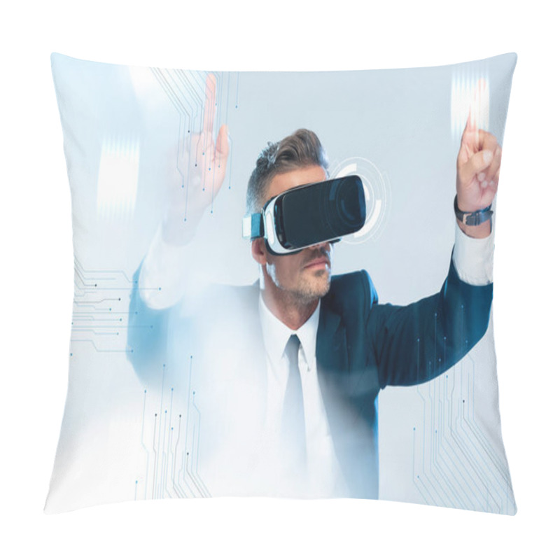 Personality  Businessman In Virtual Reality Headset Touching Innovation Technology Isolated On White, Artificial Intelligence Concept Pillow Covers