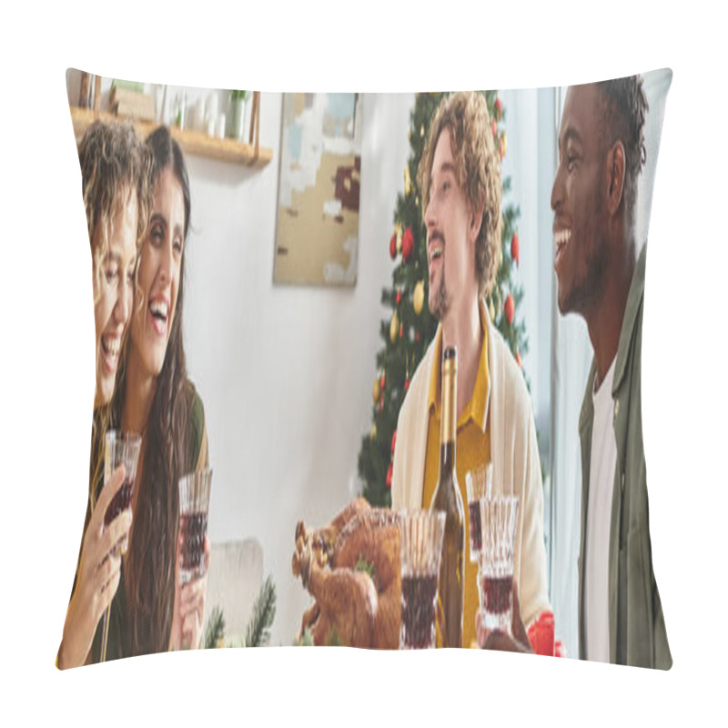 Personality  Happy Multiracial Family Laughing And Enjoying Lunch With Turkey And Wine, Christmas, Banner Pillow Covers