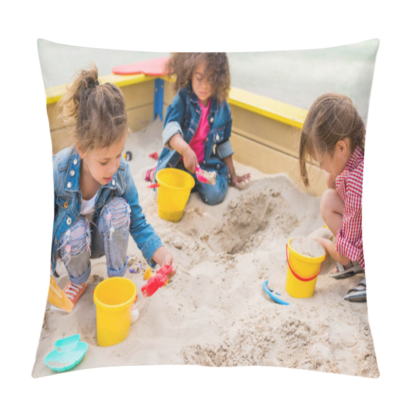 Personality  Three Multiethnic Little Children Playing With Plastic Scoops And Buckets In Sandbox At Playground  Pillow Covers