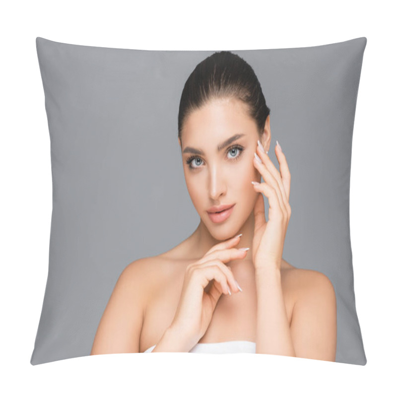 Personality  Beautiful Woman Posing Isolated On Grey Pillow Covers