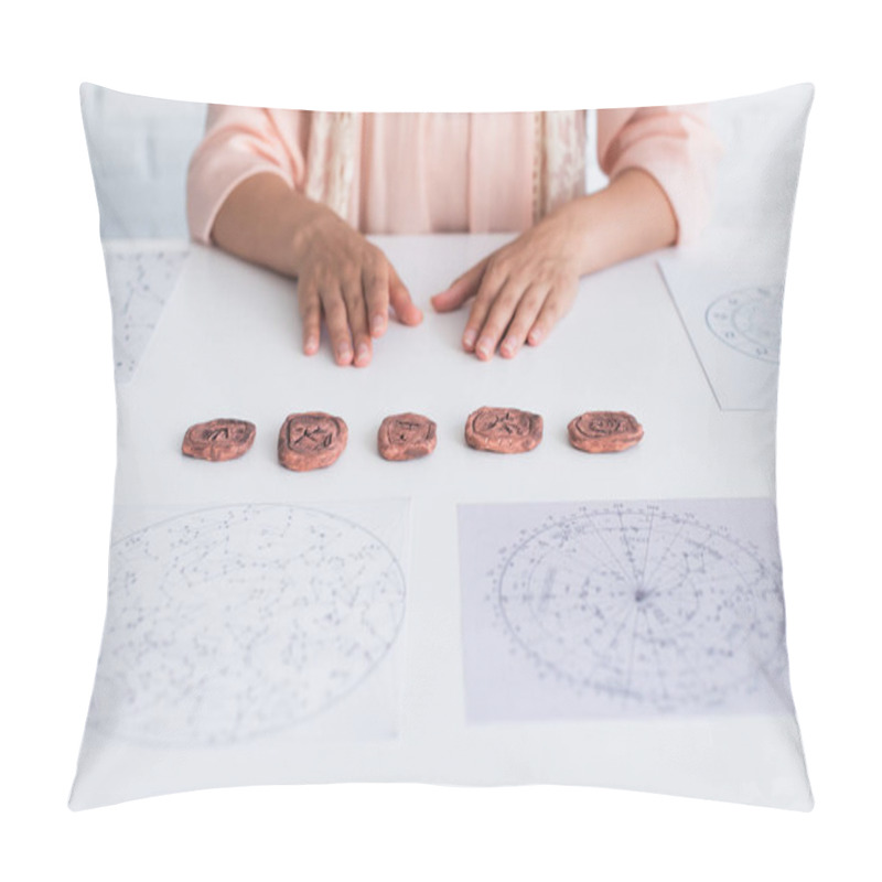 Personality  Partial View Of Astrologist Near Clay Runes And Cosmic Maps Pillow Covers