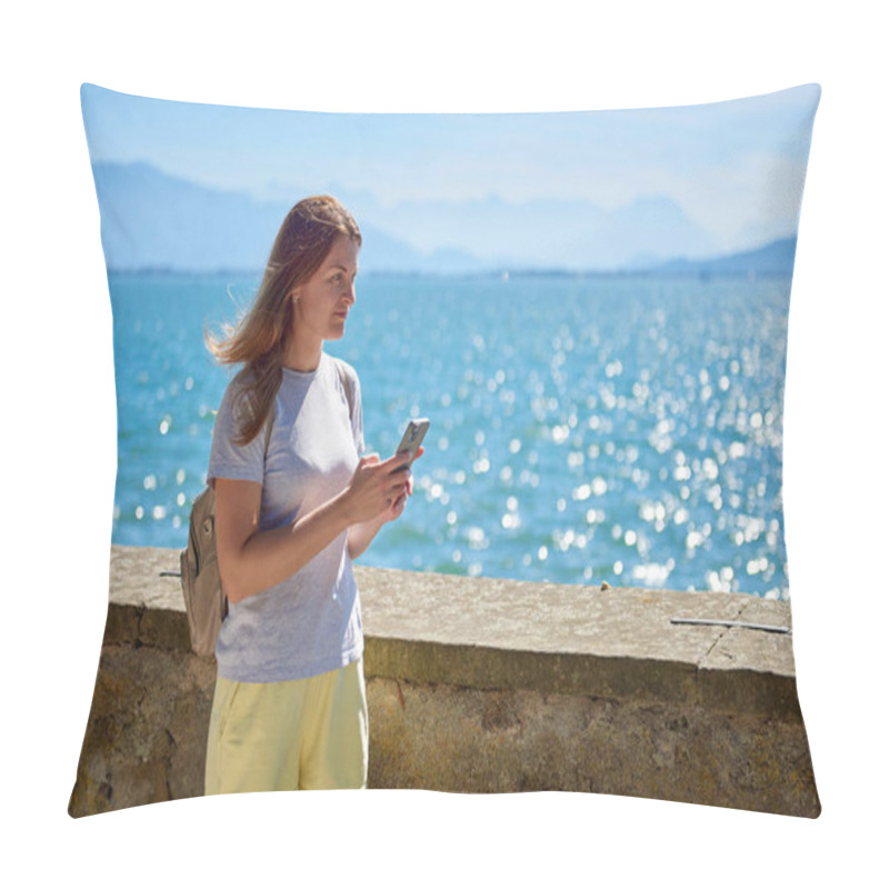 Personality  Woman Capturing Scenic Photos By A Sparkling Lake On A Sunny Day With Majestic Mountain Views. Idyllic Lakeside Setting Showcases Natural Beauty And Outdoor Adventure In A Serene European Landscape Pillow Covers