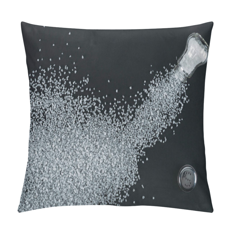 Personality  Top View Of Salt Crystals Sprinkled Near Salt Shaker On Black Background Pillow Covers