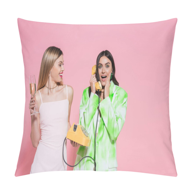 Personality  Excited Woman Talking On Telephone Near Friend With Champagne On Pink Background  Pillow Covers