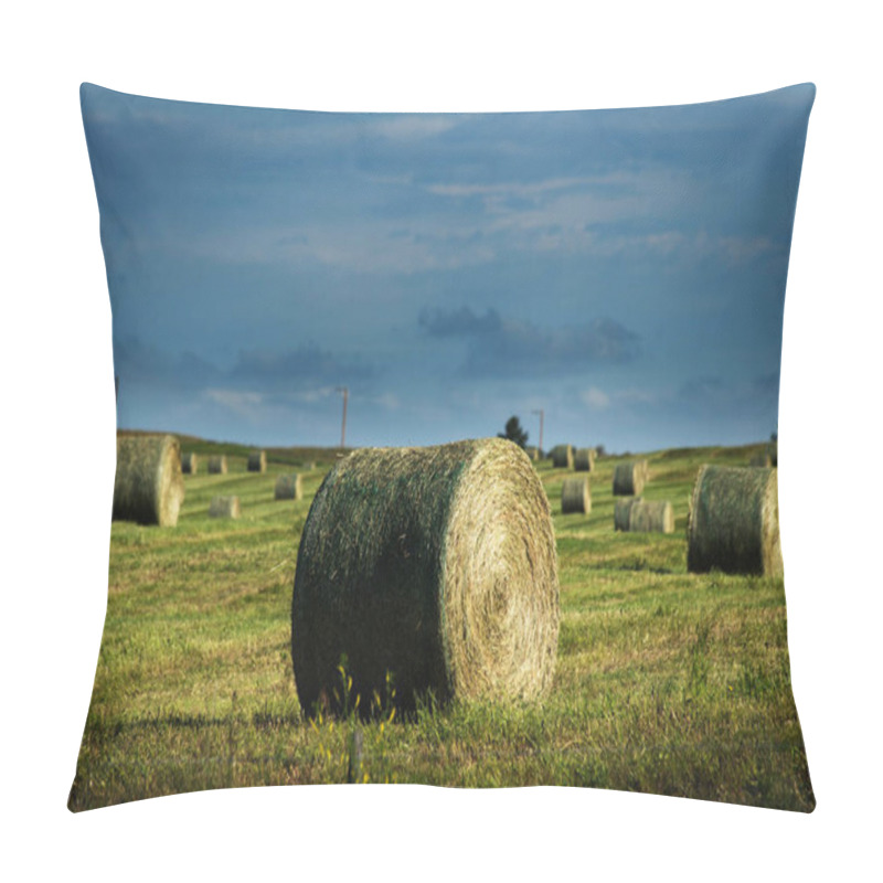 Personality  Round Bales Of Hay Sit On A Field During Summer Harvest In Rocky View County Alberta Canada. Pillow Covers