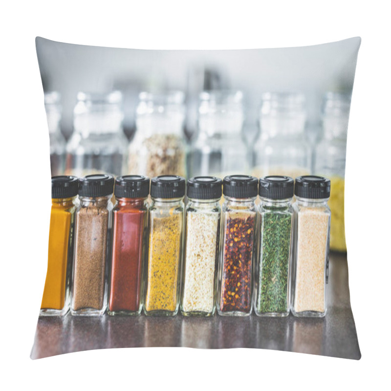 Personality  Spices And Grains In Matching Spice Jars On Kitchen Counter, Simple Vegan Ingredients And Concept Of Flavoring Your Dishes Pillow Covers