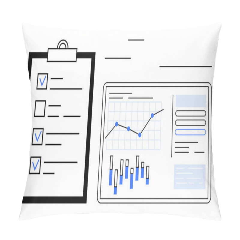 Personality  Clipboard With Checklist Beside A Data Analysis Panel Featuring Line And Bar Charts, Graphs, And Text Boxes. Ideal For Project Planning, Task Tracking, Business Analytics, Performance Evaluation Pillow Covers