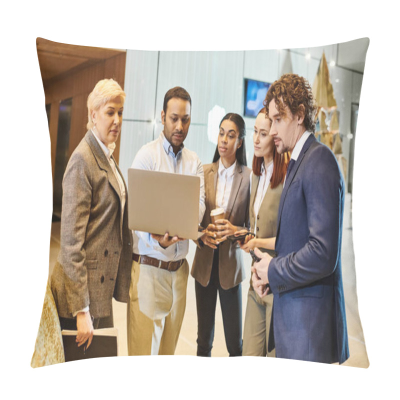 Personality  Diverse Business Team Discussing On Laptop Screen. Pillow Covers