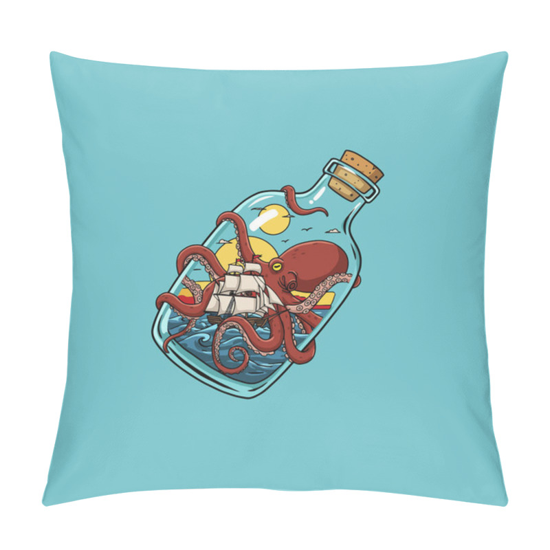 Personality  A Whimsical Illustration Depicts A Large Octopus Wrapped Around A Ship Inside A Glass Bottle Against A Teal Background. Pillow Covers