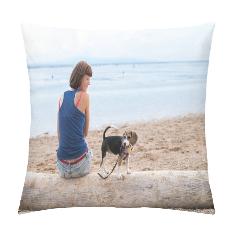 Personality  Beautiful Girl Sitting On The Beach With A Beagle Dog Puppy. Tropical Island Bali, Indonesia. Pillow Covers