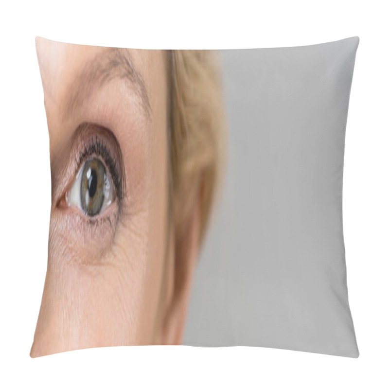 Personality  Panoramic Shot Of Mature Woman Looking At Camera Isolated On Grey  Pillow Covers