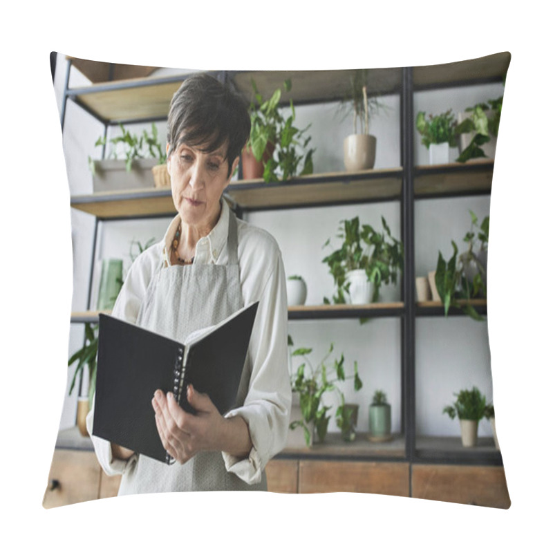 Personality  A Woman Lovingly Reviews Her Gardening Notes Surrounded By Lush Plants. Pillow Covers