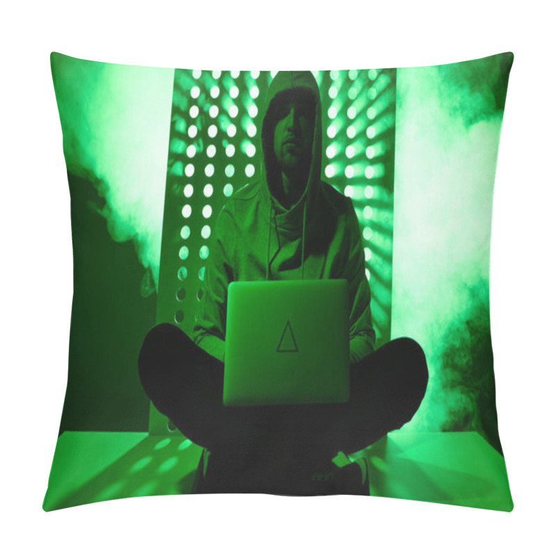 Personality  Toned Picture Of Hacker In Hoodie With Laptop And Triangle Sign On It Pillow Covers