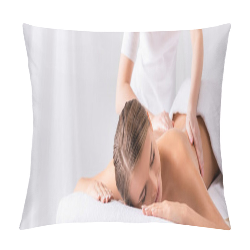 Personality  Masseur Massaging Pleased Young Woman On Massage Table In Spa Salon, Banner Pillow Covers