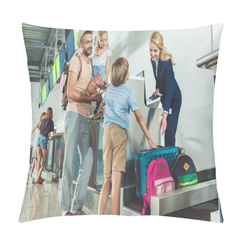 Personality  Family At Check In Desk In Airport Pillow Covers