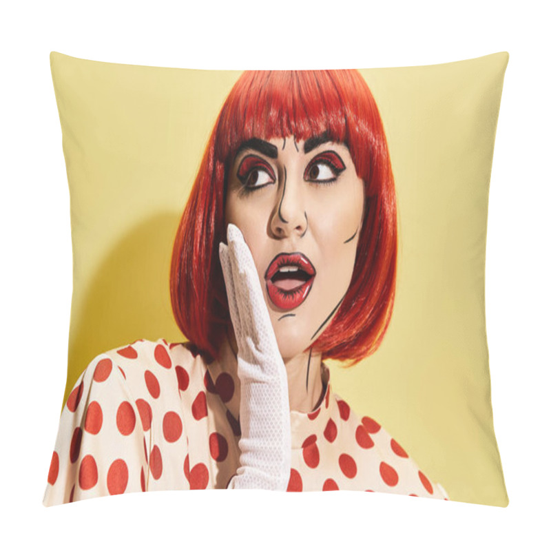 Personality  A Stunning Redhead Donning A Polka Dot Dress And Creative Pop Art Makeup, Exuding A Comic Book Character Vibe On A Yellow Backdrop. Pillow Covers