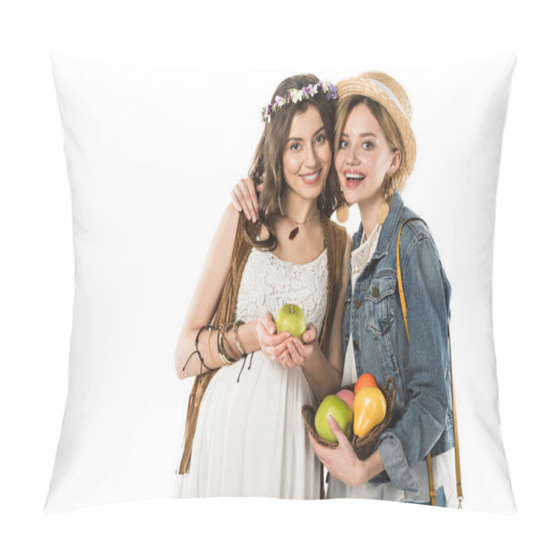 Personality  Smiling Bisexual Hippie Couple With Fruits Embracing Isolated On White Pillow Covers