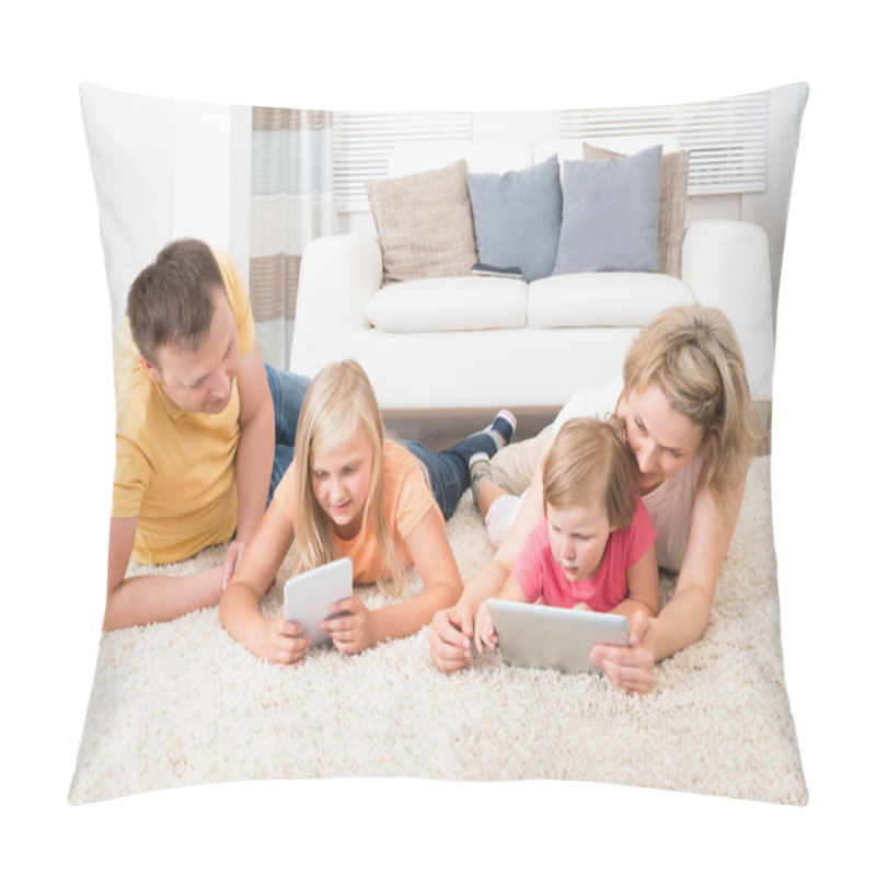 Personality  Family Using Tablets Lying On Carpet Pillow Covers