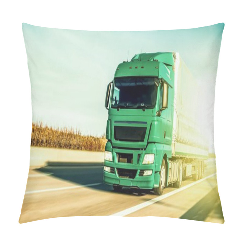 Personality  Green Truck On The Roads Of Europe . Logistics And Transportation Pillow Covers