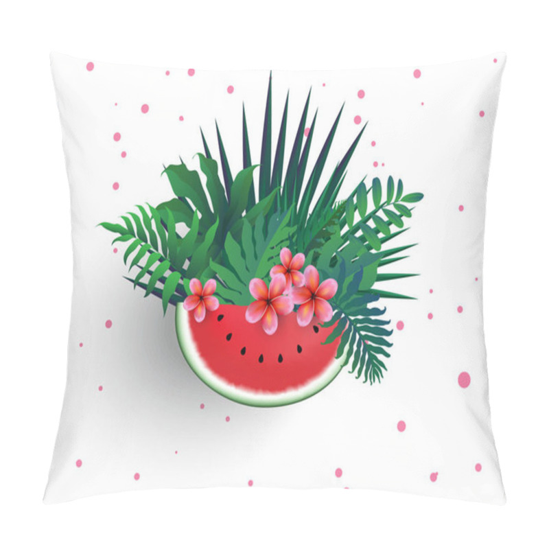 Personality  Pink Plumaria Flower With Sliced Watermelon And Tropical Leaves On Whit Background, Summertime. Happy Holidays. Invitation. Vector Illustration Pillow Covers