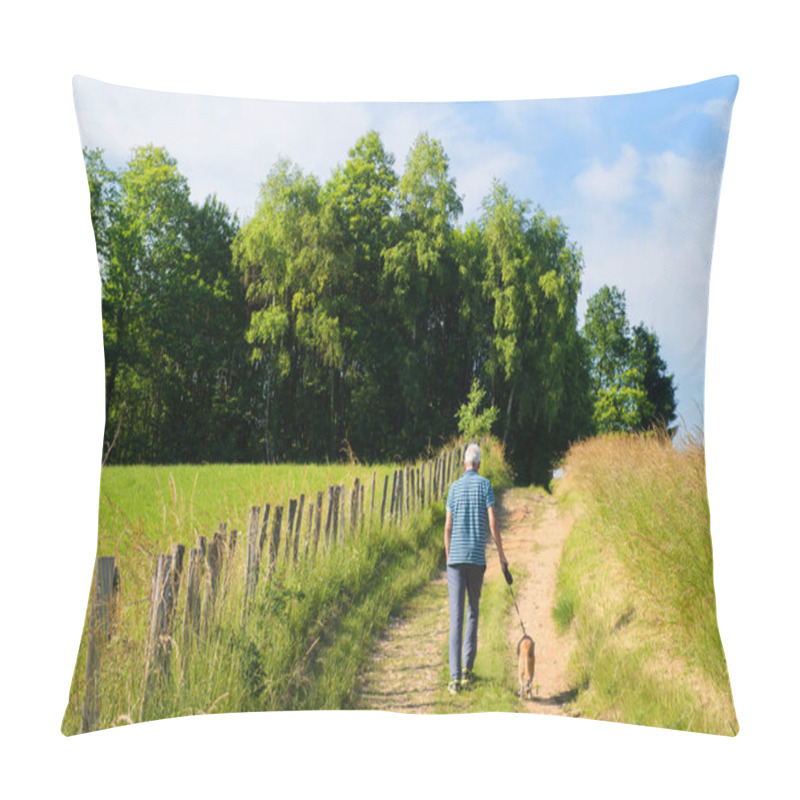 Personality  Man Walking The Dog In Landscape Green Hills In French Nouvelle Aquitaine Pillow Covers