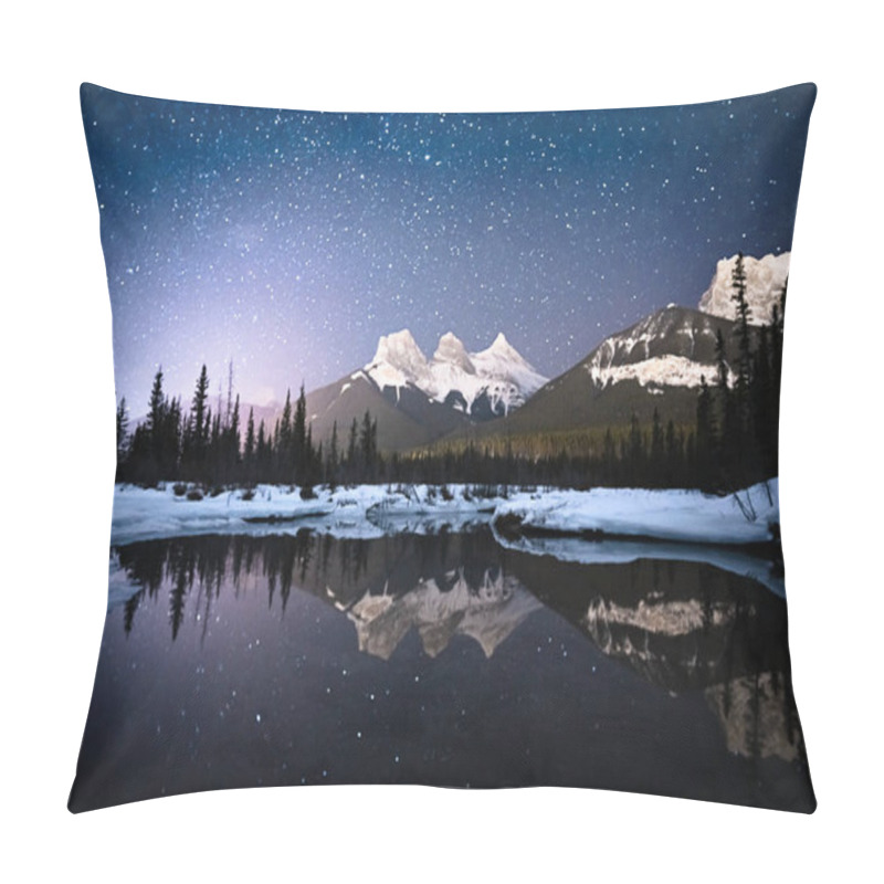 Personality  Alpine Night Scene With Sky Full Of Stars And Mountain Reflected In Water Surface, Shot In Canmore, Alberta, Canada Pillow Covers