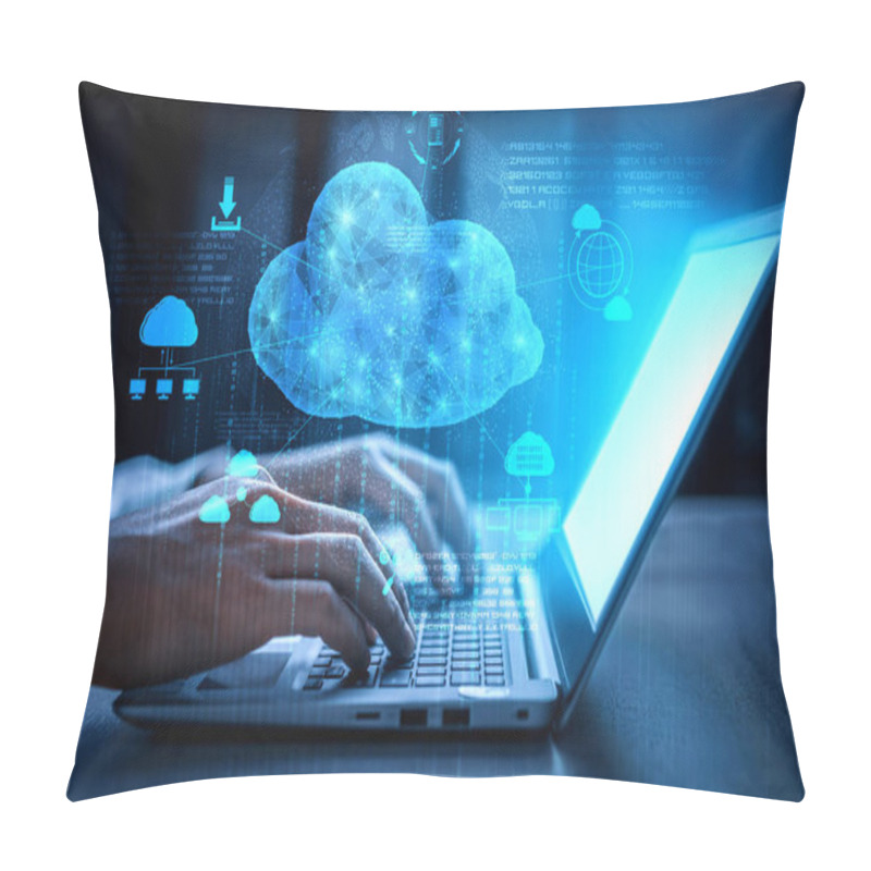 Personality  Cloud Computing Technology And Online Data Storage For Business Network Concept. Computer Connects To Internet Server Service For Cloud Data Transfer Presented In 3D Futuristic Graphic Interface. Pillow Covers