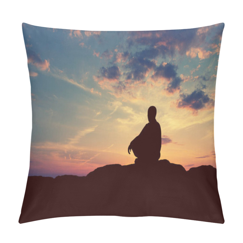 Personality  Man Meditating Pastel On High Mountain In Sunset Background. Pillow Covers