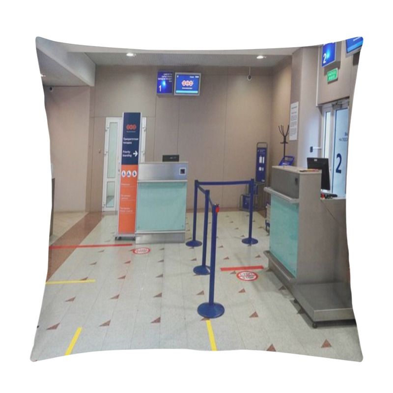 Personality  Ufa, Moscow - August 2020: Airport Waiting Lounge: Virus, Distance For One Place From Other People At The Airport, Social Distance Or New Normal. New Lifestyle After Covid Pillow Covers