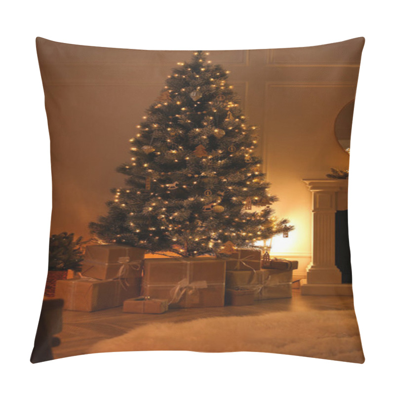 Personality  Beautiful Living Room Interior With Christmas Tree And Fireplace Pillow Covers