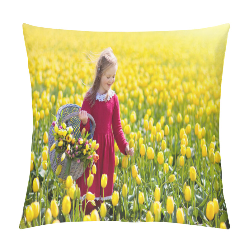 Personality  Child In Yellow Tulip Flower Field In Holland Pillow Covers