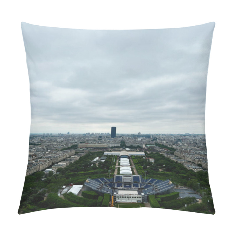 Personality  A Breathtaking Aerial Shot Of Paris Showcasing A Blend Of Historical And Contemporary Architecture. The City Is Expansive Under A Cloudy Sky, Featuring Lush Green Parks And Modern Structures. Pillow Covers