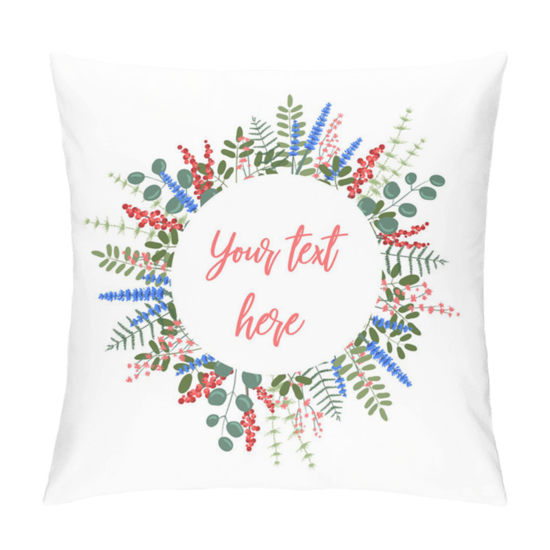 Personality  Round Template For Your Text, Decoration Of Flowers, Berries, Leaves And Other Plants. Pillow Covers