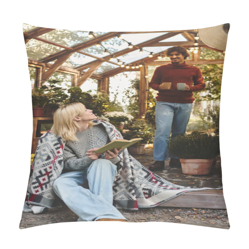 Personality  Young People Enjoy A Serene Moment Inside A Greenhouse, Surrounded By Lush Plants And Flowers. One Person Reads A Book While The Other Approaches With Warm Drinks, Fostering A Lively Atmosphere. Pillow Covers