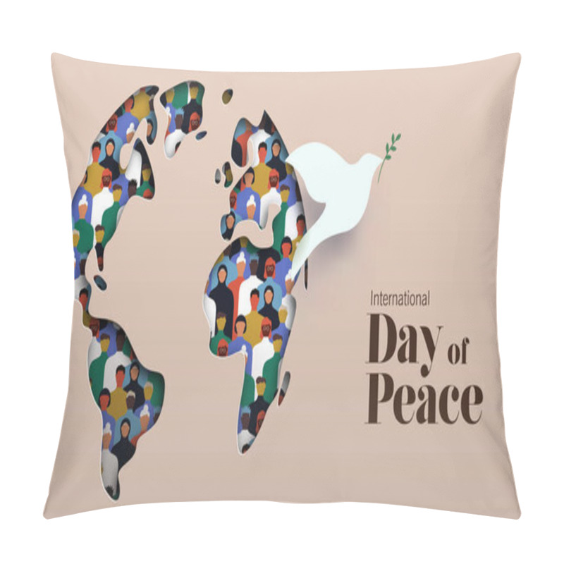 Personality  International Day Of Peace Vector Card Illustration. 3D Papercut World Map With Diverse People Group Inside And White Dove Bird Symbol. Graphic Design To Celebrate The Ideals Of Peace, Respect, Non-violence And Cease-fire. Pillow Covers