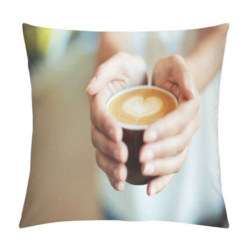 Personality  Closeup Of Female Giving Coffee With Heart Symbol Pillow Covers