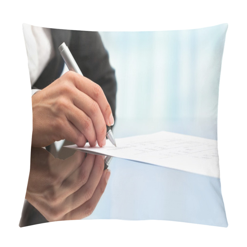 Personality  Extreme Close Up Of Female Hand Signing Document. Pillow Covers