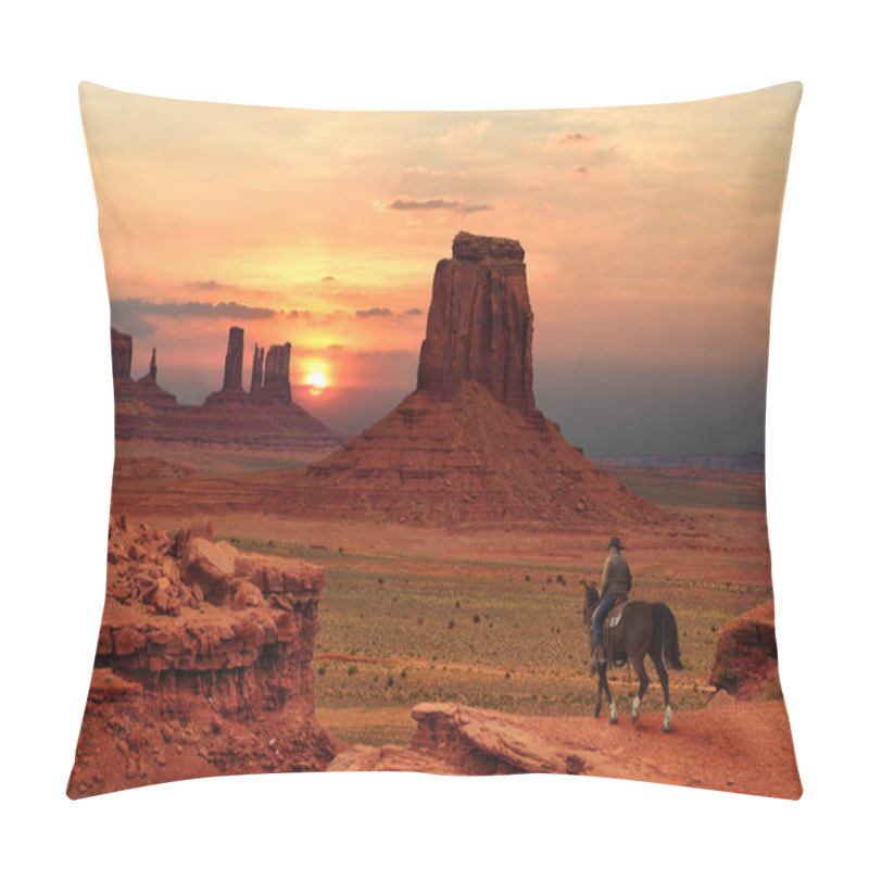 Personality  A Cowboy On A Horse At Sunset In Monument Valley Tribal Park In Utah-Arizona Border, USA Pillow Covers