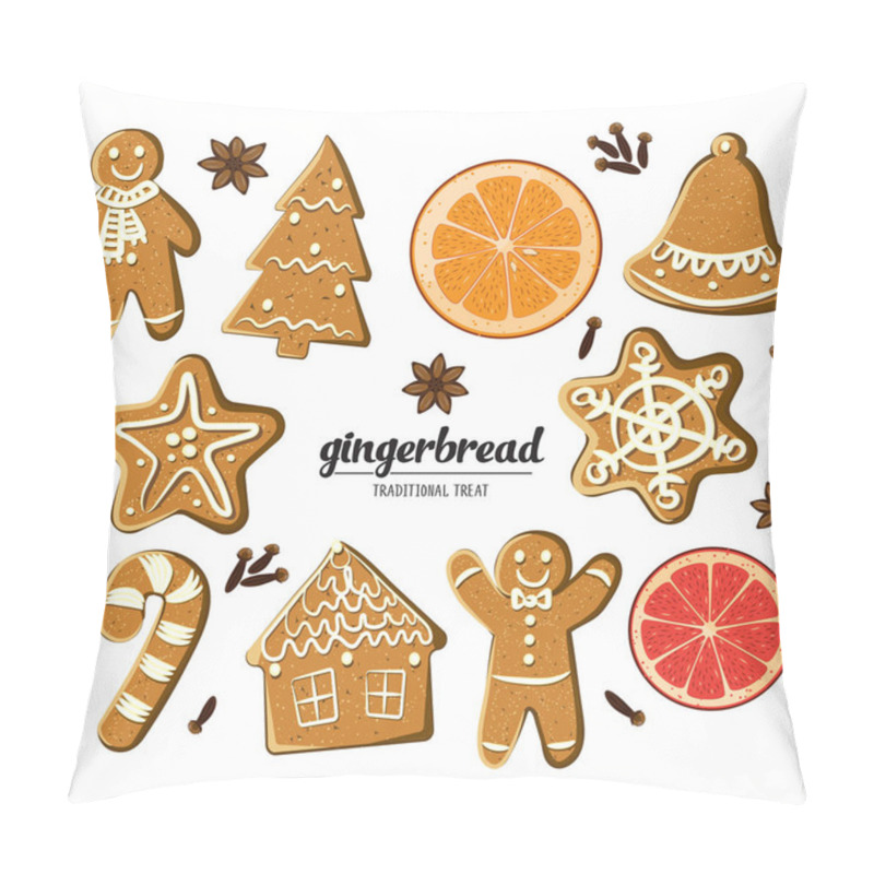 Personality  Set Of Different Gingerbreads: Man, Christmas Tree, Bell, Star,snowflke,candy Cane, House And Citrus Fruits Slices. Vector Illustrated Christmas Treats Collection Homemade Cookies And  Fragrant Spices Pillow Covers