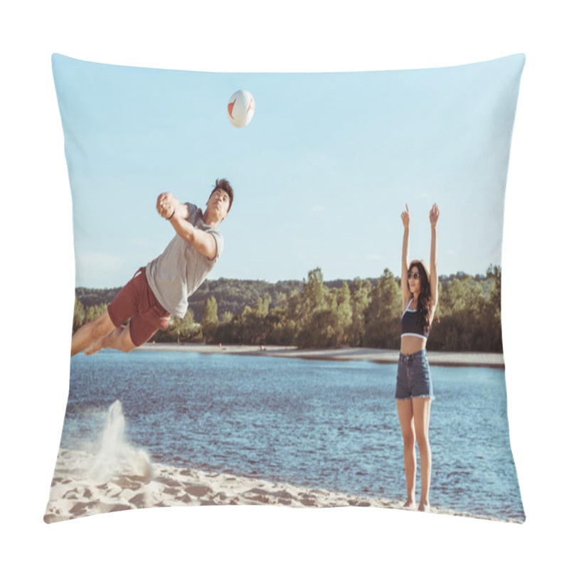 Personality  Friends Playing Volleyball On Sandy Beach Pillow Covers