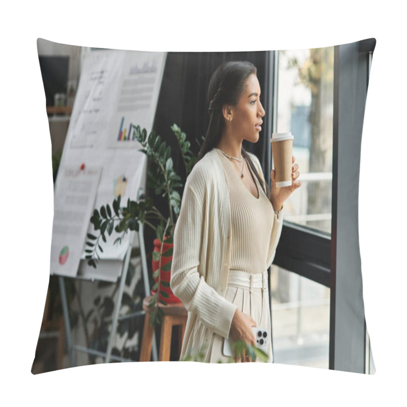 Personality  A Young Beautiful Woman Stands By The Window, Sipping Coffee And Reflecting On Her Tasks. Pillow Covers