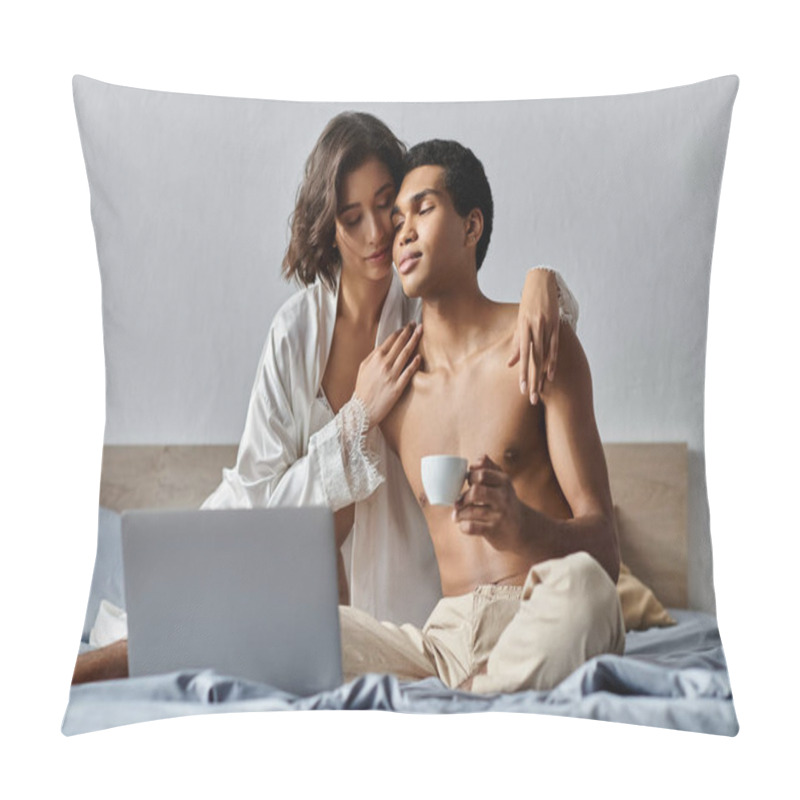 Personality  A Young Multicultural Couple Enjoys A Relaxing Morning Together In Their Bedroom, Sharing A Cup Of Coffee And A Laptop. Pillow Covers