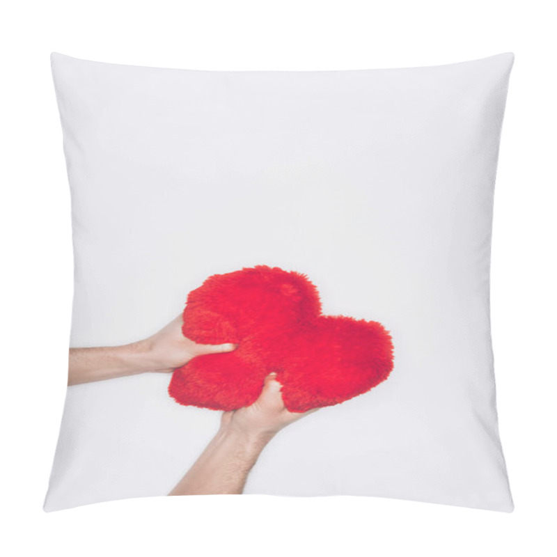 Personality  Cropped Shot Of Angry Man Squeezing Soft Red Heart Pillow Isolated On White Pillow Covers