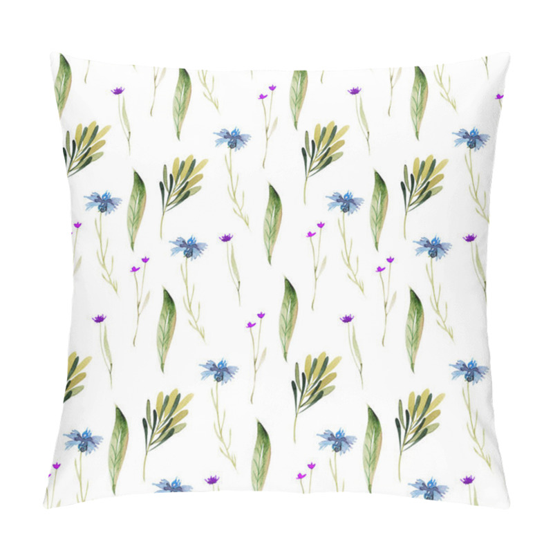 Personality  Watercolor Seamless Pattern Of Cornflowers, Wildflowers, Green Leaves And Branches, Illustration On White Background Pillow Covers