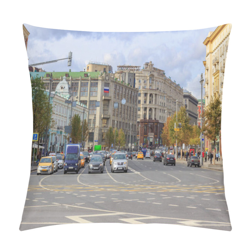 Personality  Moscow, Russia - September 30, 2018: View Of Beginning Of Tverskaya Street And Central Telegraph Building In Moscow On A Sunny Autumn Day Pillow Covers