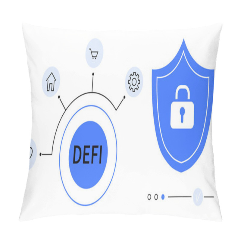 Personality  DeFi Interconnected With Icons For Home, Heart, Gear, Cart Adjacent To Blue Security Shield With A Padlock. Ideal For Finance, Cryptocurrency, Security, Blockchain, Technology Digital Economy Pillow Covers