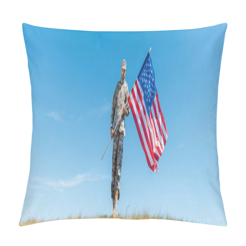 Personality  Panoramic Shot Of Handsome Military Man In Uniform Holding American Flag With Stars And Stripes  Pillow Covers